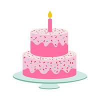 A pink birthday cake with a lit candle on top. The cake is decorated with sprinkles and has a white plate underneath it vector