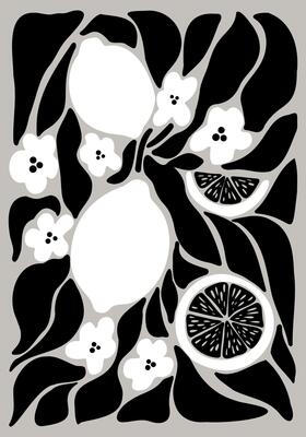 Graphic Lemon and Blossoms Illustration in Black and White
