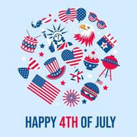 A blue background with a red, white and blue American flag in the center. The flag is surrounded by various American symbols and objects, including a hot dog, a hamburger, a baseball bat, a drum vector