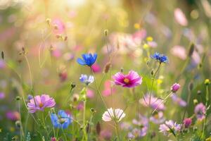 wild flowers in the meadow at sunset photo