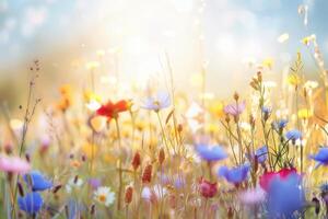 wild flowers in a meadow with sunlight photo