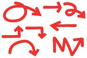 Set of hand drawn red arrow doodle, chalk brush or crayon strokes, design element vector
