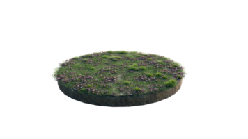 Round surface of Small Plant forest patch covered with flowers, green or dry grass and stone isolated on transparent background. Realistic natural element for design. Bright 3d png