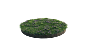 Round surface of Small Plant forest patch covered with flowers, green or dry grass and stone isolated on transparent background. Realistic natural element for design. Bright 3d png