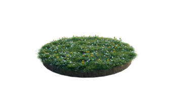 Round surface of Small Plant forest patch covered with flowers, green or dry grass and stone isolated on transparent background. Realistic natural element for design. Bright 3d png