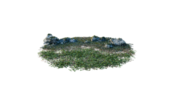 Round surface of Small Plant forest patch covered with flowers, green or dry grass and stone isolated on transparent background. Realistic natural element for design. Bright 3d png