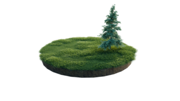 Round surface of Small Plant forest patch covered with flowers, green or dry grass and stone isolated on transparent background. Realistic natural element for design. Bright 3d png
