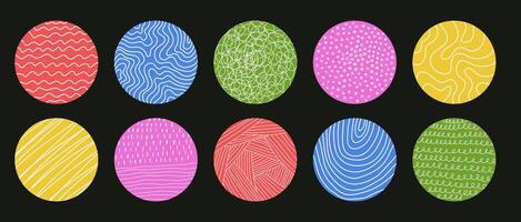 Set of multicolored textured pattern circle. Hand drawn curve wavy spot brush line on black background. Contemporary modern trendy illustration. vector