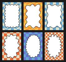 set of groovy curve frame on checkered background. Drawing doodle wavy border. Circle and rectangle shape. vector