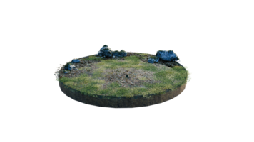 Round surface of Small Plant forest patch covered with flowers, green or dry grass and stone isolated on transparent background. Realistic natural element for design. Bright 3d png