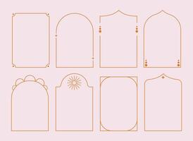 Boho mystic arch frame set. Minimal line style. Logotype outline border. Design elements stars and sun. vector