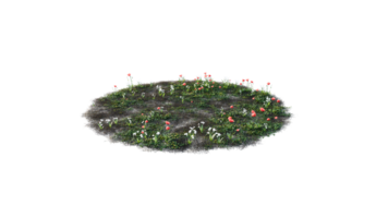 Round surface of Small Plant forest patch covered with flowers, green or dry grass and stone isolated on transparent background. Realistic natural element for design. Bright 3d png