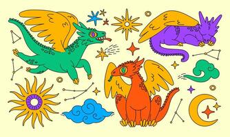 Dragons and astrology set of elements. Star, moon, cloud, sun. Legend, fairy, magic, myth creature, lizard, reptile. Modern trendy style. Childish design. vector