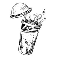 Black and white plastic glass with spilled drink isolated in white background. Splash drink. Spilled cup with lemonade. Plastic lid. Retro sketch style. Beverage drawing with hatching vector