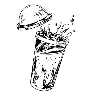 Black and white plastic glass with spilled drink isolated in white background. Splash drink. Spilled cup with lemonade. Plastic lid. Retro sketch style. Beverage drawing with hatching