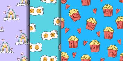 Set of seamless patterns with cute rainbows, fried eggs, popcorn bags. Background with kawaii food. Anthropomorphic faces. Childish texture for textile, fabric vector