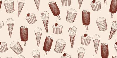 Seamless pattern with ice cream sketches. Background with ice cream in cone waffle. Bitten popsicle. Chocolate glaze sundae. Chocolate ice cream. Frozen dessert with cherry. Engraving style vector