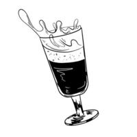 Black and white glass of spilled coffee latte isolated in white background. Splash drink. Sketch style cup of coffee. Beverage drawing with hatching. Spilled milk foam vector