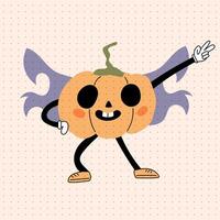 Groovy cartoon style pumpkin with bat wings character that dancing. Retro style Jack Olantern. Vintage Halloween pumpkin on isolated background. Anthropomorphic pumpkin character with arms and legs vector