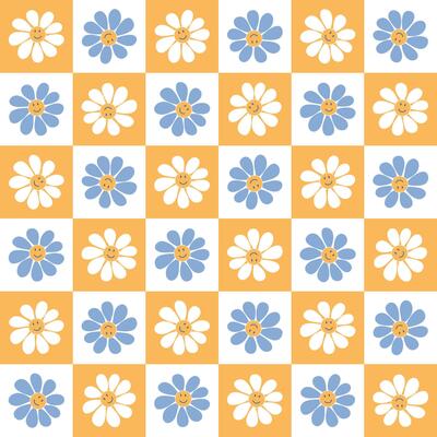 Retro daisy seamless pattern. Vintage checkerboard floral background. Cool funky smiling flowers. Hand drawn naive art illustration.