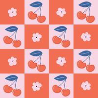 Checkered seamless pattern with cherries and flowers on red and pink checkerboard. Retro groovy background. Hand drawn illustration. vector