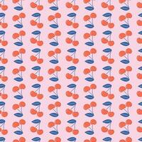 Cute cherry seamless pattern. Retro style Summer background. Minimalistic fruit ornament on pink backdrop. Flat design hand drawn illustration. vector
