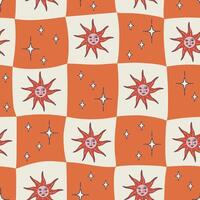 Psychedelic Sun seamless pattern. Retro style background with mystical Sun and stars on checkered backdrop. Hand drawn illustration. vector