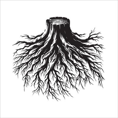 Tree Stump Clipart - A tree stump with roots illustration in black and white