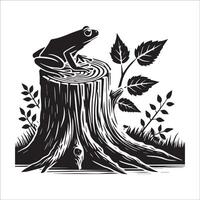 Tree Stump Clipart - A tree stump with a frog sitting on a leaf near illustration in black and white vector