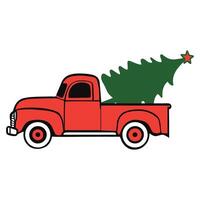 red truck with Christmas tree Design, truck with Christmas tree illustration in black and white vector