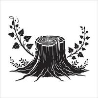Tree Stump Clipart - A tree stump with vines and leaves illustration in black and white vector