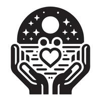 Community Growth Illustration with Hands, Heart, Plants, and Stars in Black and White Abstract Design vector