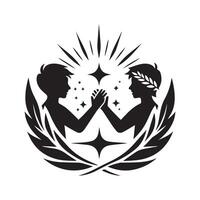 Abstract Friendship Emblem with Laurel Wreath, Two Women, Dove, and Heart Symbol in Black and White vector