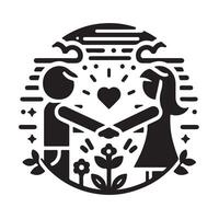 Abstract Friendship Emblem with Laurel Wreath, Two Women, Dove, and Heart Symbol in Black and White vector