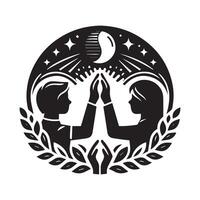 Abstract Friendship Emblem with Laurel Wreath, Two Women, Dove, and Heart Symbol in Black and White vector