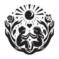 Abstract Friendship Emblem with Laurel Wreath Two Women Dove and Heart Symbol in Black silhouette vector