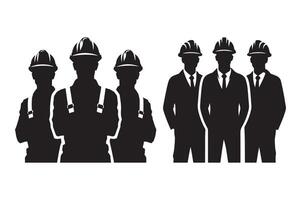 Silhouettes of Construction Workers with Tools and Hard Hats vector