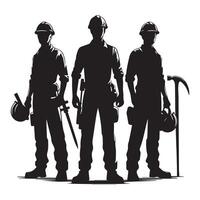 Silhouettes of Construction Workers with Tools and Hard Hats vector