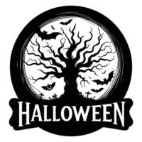 Halloween graphic with spooky tree, bats, and full moon vector