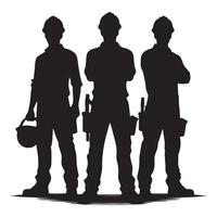Silhouettes of Construction Workers with Tools and Hard Hats vector