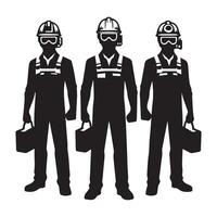 Silhouettes of Construction Workers with Tools and Hard Hats vector