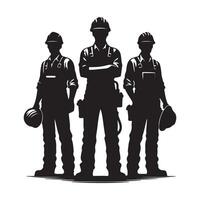 Silhouettes of Construction Workers with Tools and Hard Hats vector