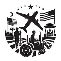 Labor Day Celebration Icon with Construction Worker, Tractor, and Airplane - Black and White Illustration vector