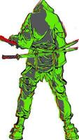 Samurai in retro style with dominant green color vector