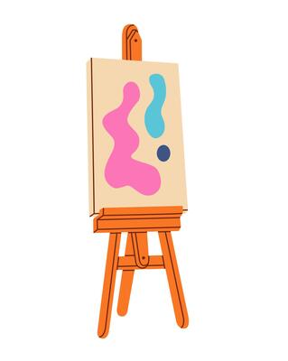 Wooden easel with abstract drawing on paper. Art supplies. Hand drawn illustration isolated on white background in flat style.