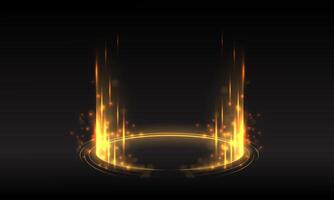 Abstract golden light circle rings lines with shine rays effect on black background illustration. vector