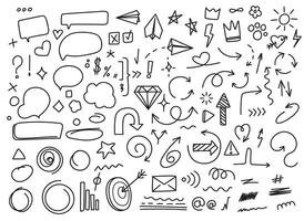 Doodle elements. Sketch underline, arrow and speech bubble, diamond and paper plane. Hand drawn brush stroke highlight, crown and star, sparkle. set vector