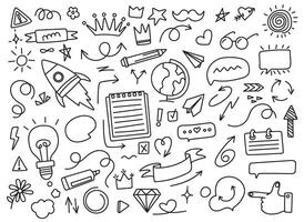 Line doodle element. Sketch light bulb, arrow and speech bubble, rocket and Earth globe. Hand drawn notebook, crown and glasses, daisy and broken heart. set vector
