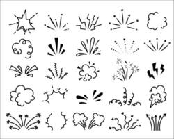 Doodle line sparkles and rays. Explosion with radial lines, idea, surprise and exclamation icons in comic manga style. Sunburst shine sparkle isolated set vector