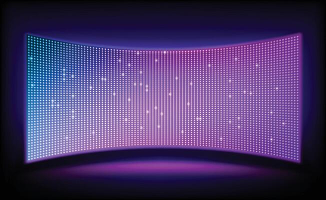 Led projection screen. LCD Tv show stage light panel. Concave digital monitor with glittering lightbulb pattern. Cinema and entertainment display. illustration